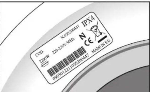 COD. 2200W 220-230V,50Hz N:050280447 IPX4 0905012211050200447 MADE IN E.U.