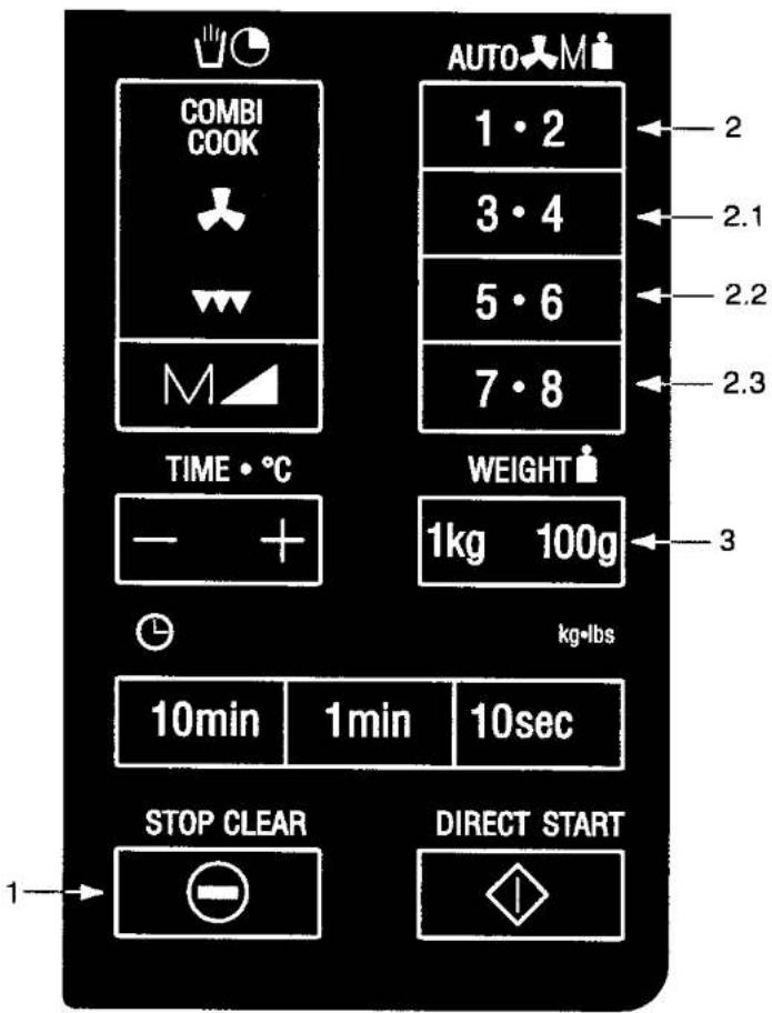 COMBI COOK M TIME • °C - + WEIGHT 1kg 100g kg•lbs 10min 1min 10sec STOP CLEAR DIRECT START 1 AUTO M 1 • 2 3 • 4 5 • 6 7 • 8 2 2.1 2.2 2.3