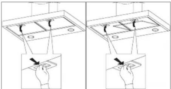 Diagram illustrating hand positioning and adjustment of a ceiling fixture, showing step-by-step assembly with arrows indicating movement.