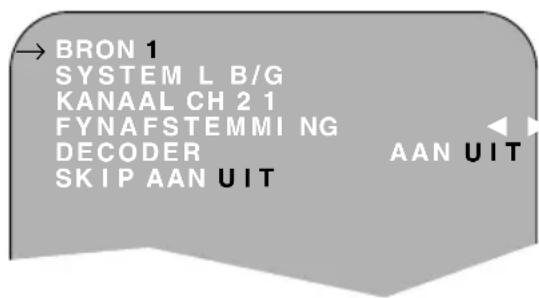 → BRON 1 SYSTEM L B/G KANAAL CH 2 1 FYNAFSTEMMI NG DECODER SKIP AAN UIT AAN UIT