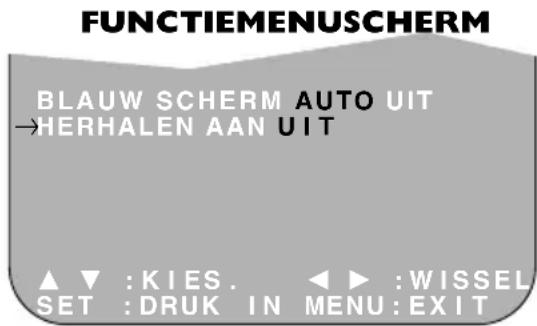 FUNCTIEMENUSCHERM BLAUW SCHERM AUTO UIT →HERHALEN AAN UIT ▲▼ :KIES. ←► :WISSEL SET :DRUK IN MENU:EXIT