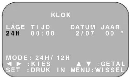 KLOK LÄGE T I JD DATUM JAAR 24H 00:00 2/07 00 * MODE: 24H/12H ◀ ▶ :KIES ▲ ▼ :GETAL SET :DRUK IN MENU:WISSEL