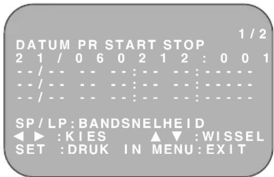 DATUM PR START STOP 1 / 2 2 1 / 0 6 0 2 1 2 : 0 0 1 - - / - - - - : - - - - - - - - - - - / - - - - - : - - - - - - - - - - / - - - - : - - - - - - - - SP / LP : BANDSNELHEID ◀ ▶ : KIES ▲ ▼ : WISSEL SET : DRUK IN MENU : EXIT