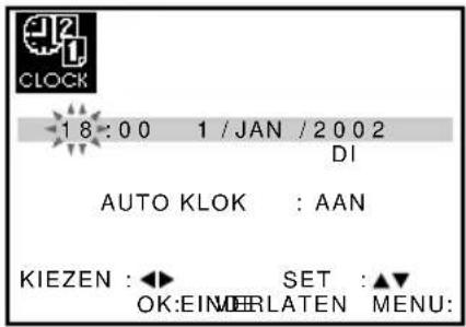CLOCK 18:00 1 /JAN /2002 DI AUTO KLOK : AAN KIEZEN : ◀► SET : ▲▼ OK:EINRELLATEN MENU: