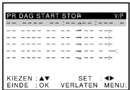 PR DAG START STOP V/P KIEZEN :▲▼ SET :◀▶ EINDE :OK VERLATEN MENU: