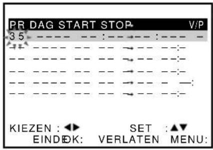 PR DAG START STOP V/P 3 5 ---- -- :----→--- :----- +---- -- ---→---:---- ---- -- ---→---:---- ---- -- ---→---:---- ---- -- ---→---:---- ---- -- ---→---:---- KIEZEN : ◀► SET :▲▼ EINDÖK: VERLATEN MENU: