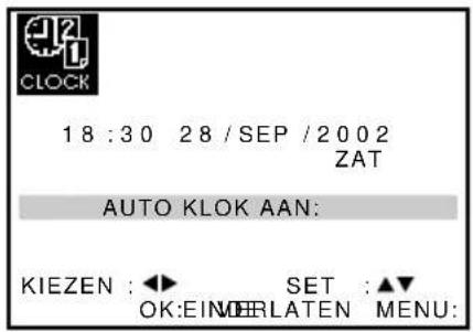 18:30 28/SEP/2002 ZAT AUTO KLOK AAN: KIEZEN : ◀► SET : ▲▼ OK:EIN MELATEN MENU: