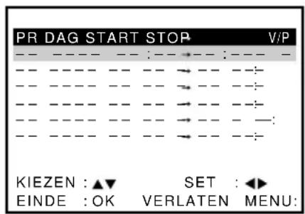 PR DAG START STOP V/P KIEZEN : ▲▼ SET : ◀► EINDE : OK VERLATEN MENU:
