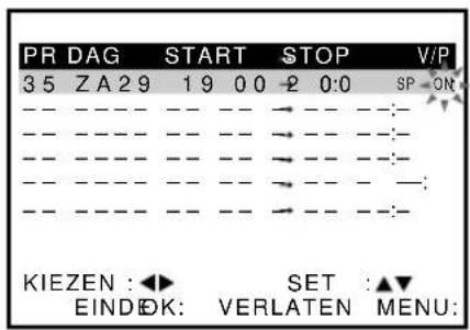 PR DAG START STOP V/P 3 5 Z A 2 9 1 9 0 0 -2 0:0 SP ON KIEZEN : ◀► SET :▲▼ EINDOK: VERLATEN MENU: