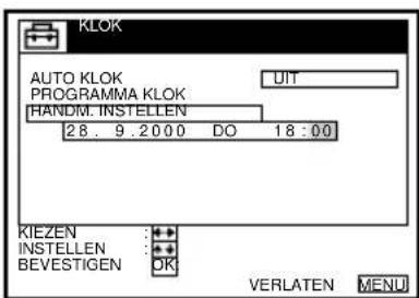 KLOK AUTO KLOK PROGRAMMA KLOK HANDIM. INSTELLEN 28. 9.2000 DO 18:00 KIEZEN : + INSTELLEN : + BEVESTIGEN OK VERLATEN MENU
