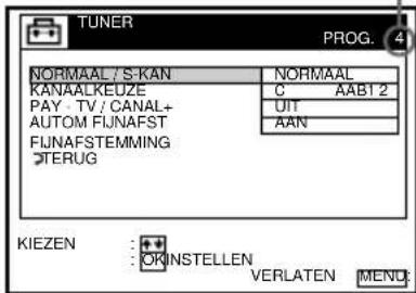 TUNER PROG. 4 NORMAAL / S:KAN NORMAAL KANAALKEUZE C AAB12 PAY - TV / CANAL+ AUTOM FIJNAFST FIJNAFSTEMMING *TERUG UIT AAN KIEZEN : + : OKINSTELLEN VERLATEN MENO: