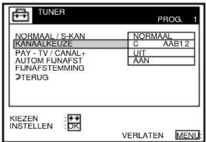TUNER PROG. 1 NORMAAL / S-KAN NORMAAL KANAALKEUZE C AAB12 PAY - TV / CANAL+ AUTOM FIJNAFST FIJNAFSTEMMING >TERUG UIT AAN KIEZEN :++ INSTELLEN :OK VERLATEN MENU