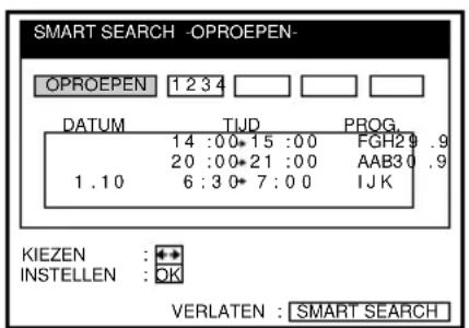 SMART SEARCH -OPROEPEN- OPROEPEN 1234 DATUM TJD PROG. 14:00-15:00 FGH29 .9 20:00-21:00 AAB30 .9 1.10 6:30-7:00 IJK KIEZEN : + INSTELLEN : OK VERLATEN : SMART SEARCH