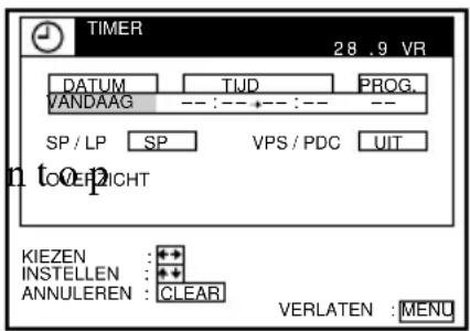 TIMER 28 .9 VR DATUM TIJD PROG. VANDAAG --- :--- → :--- -- SP / LP SP VPS / PDC UIT top KIEZEN :++ INSTELLEN :++ ANNULEREN : CLEAR VERLATEN : MENU