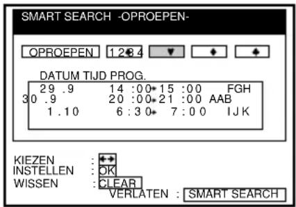 SMART SEARCH -OPROEPEN- OPROEPEN 12:8.4 DATUM TIJD PROG. 29 .9 14 :00* 15 :00 FGH 30 .9 20 :00* 21 :00 AAB 1 .10 6 :3 0* 7 :0 0 IJK KIEZEN : + INSTELLEN : OK WISSEN : CLEAR VERLATEN : SMART SEARCH