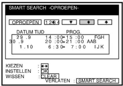 SMART SEARCH -OPROEPEN- OPROEPEN 12:8.4 DATUM TIJD PROG. 29 .9 14 :00* 15 :00 FGH 30 .9 20 :00* 21 :00 AAB 1 .10 6 :3 0* 7 :0 0 IJK KIEZEN : + INSTELLEN : OK WISSEN : CLEAR VERLATEN : SMART SEARCH