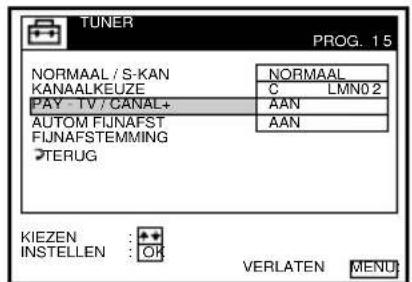 TUNER PROG. 15 NORMAAL / S-KAN KANAALKEUZE PAY - TV / CANAL+ AUTOM FIJNAFST FIJNAFSTEMMING TERUG NORMAAL C LMN02 AAN AAN KIEZEN : + INSTELLEN : OK VERLATEN MENU