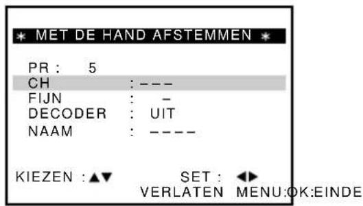* MET DE HAND AFSTEMMEN * PR : 5 CH : --- FIJN : - DECODER : UIT NAAM : ---- KIEZEN :▲▼ SET : ◀► VERLATEN MENU:OK:EINDE