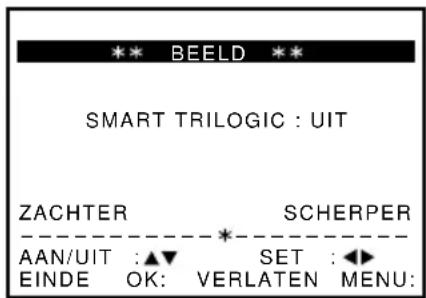 *** BEELD ** SMART TRILOGIC : UIT ZACHTER SCHERPER AAN/UIT :▲▼ SET :◀▶ EINDE OK: VERLATEN MENU: