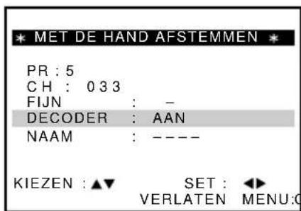 * MET DE HAND AFSTEMMEN * PR : 5 CH : 033 FIJN : - DECODER : AAN NAAM : ---- KIEZEN : ▲▼ SET : ◀► VERLATEN MENU:G