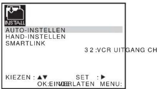 INSTALL AUTO-INSTELLEN HAND-INSTELLEN SMARTLINK 3 2 :VCR UITGANG CH KIEZEN : ▲▼ SET :► OK:EINDERLATEN MENU: