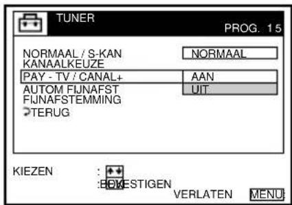 TUNER PROG. 15 NORMAAL / S-KAN KANAALKEUZE NORMAAL PAY - TV / CANAL+ AUTOM FIJNAFST FIJNAFSTEMMING >TERUG AAN UIT KIEZEN : + : BoxESTIGEN VERLATEN MENU