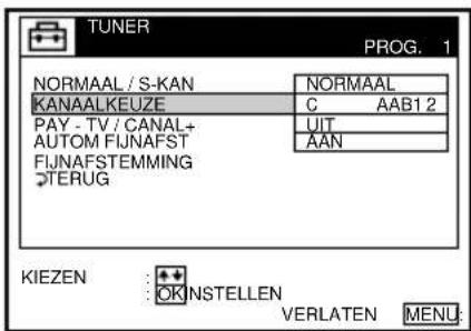TUNER PROG. 1 NORMAAL / S-KAN NORMAAL KANAALKEUZE C AAB12 PAY - TV / CANAL+ AUTOM FIJNAFST FIJNAFSTEMMING TERUG UIT AAN KIEZEN OK NSTELLEN VERLATEN MENU:
