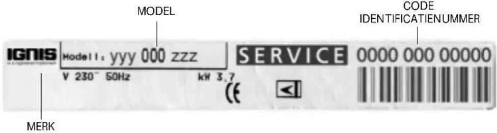 MODEL IGNIS Model 1: yyy 000 zzz V 230~ 50Hz kW 3.7 SERVICE CODE IDENTIFICATIENUMMER MERK