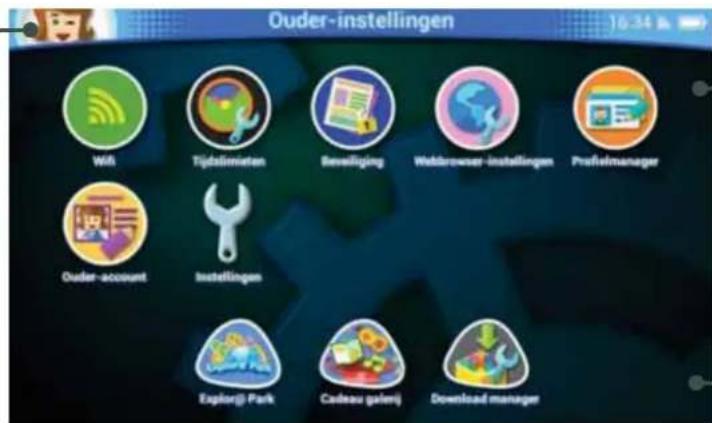 Ouder-instellingen WiFi Tijdstimaten Beverliging Webbrowser-instellingen Profilemanager Ouder-account Instellingen Explorer Park Cadzeau gelenj Download manager