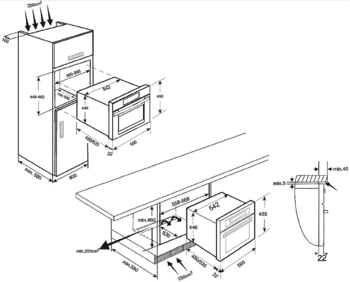 250cm² 100 448-462 560-563 min.520 542 446 455 450/620 595 22 min.580 600 568-568 min.460 520 542 446 455 min.250cm² min.580 250cm² 450/520 33 595 min.40 22