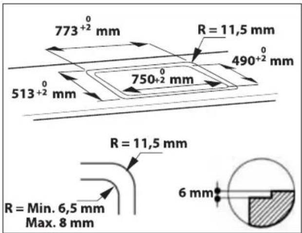 773⁺² mm R = 11,5 mm 490⁺² mm 513⁺² mm 750⁺² mm R = 11,5 mm R = Min. 6,5 mm Max. 8 mm 6 mm