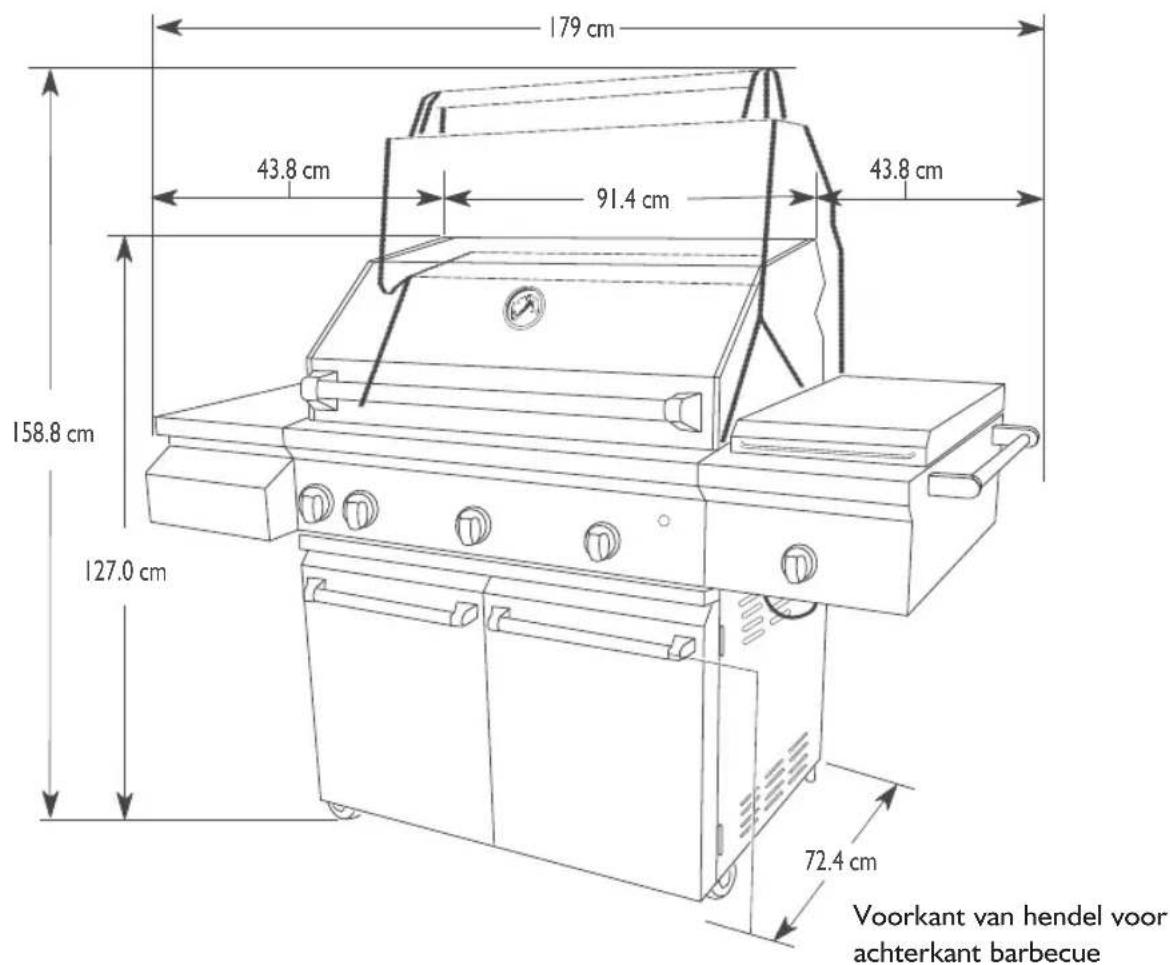 179 cm 43.8 cm 91.4 cm 43.8 cm 158.8 cm 127.0 cm 72.4 cm Voorkant van hendel voor achterkant barbecue