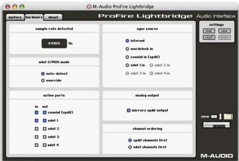 M-Audio ProFire Lightbridge ProFire Lightbridge Audio Interface meters hardware about sample rate detected 44100 Hz adat S/MUX mode auto-detect override active ports in out coaxial (spdif) adat 1 adat 2 adat 3 adat 4 sync source internal wordclock in coaxial in (spdif) adat 1 in adat 2 in adat 3 in adat 4 in analog output mirrors spdif output channel ordering spdif channels first adat channels first settings load save reset delete view M-AUDIO
