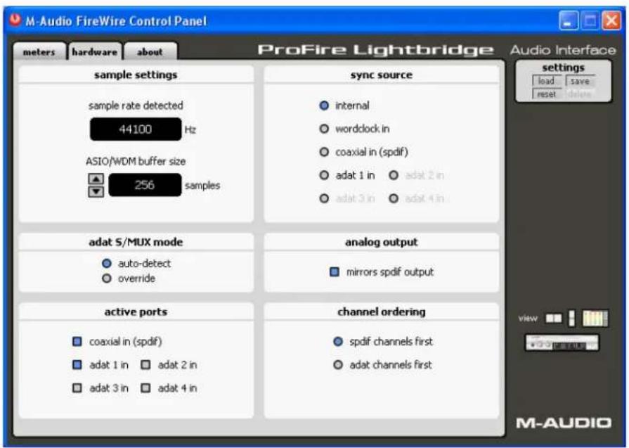 M-Audio FireWire Control Panel meters hardware about ProFire Lightbridge Audio Interface samples settings sync source sample rate detected ● internal 44100 Hz ○ wordclock in ASIO/WDM buffer size ○ coaxial in (spdif) 256 samples ○ adat 1 in ○ adat 2 in ○ adat 3 in ○ adat 4 in adat S/MUX mode analog output ● auto-detect ■ mirrors spdif output ● override active ports channel ordering □ coaxial in (spdif) ○ spdif channels first □ adat 1 in □ adat 2 in ○ adat channels first □ adat 3 in □ adat 4 in view M-AUDIO