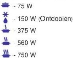 - 75 W - 150 W (Ontdooien) - 375 W - 560 W - 750 W