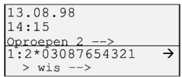 13.08.98 14:15 Oproepen 2 --> 1:2*03087654321 → > wis -->