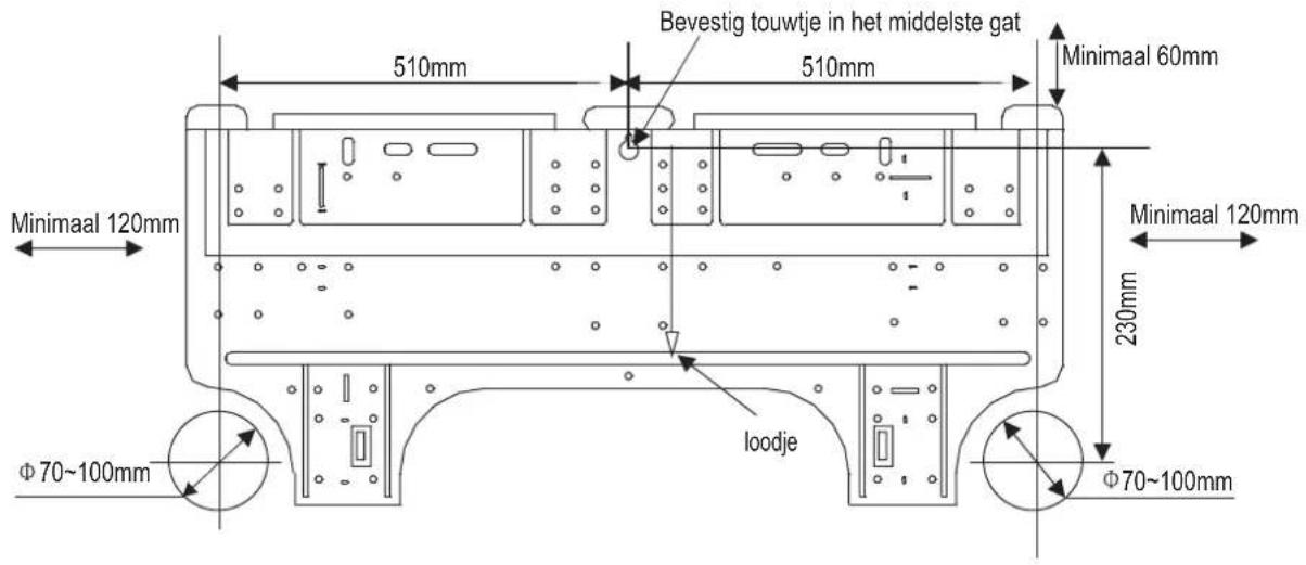 Bevestig touwtje in het middelste gat Minimaal 60mm 510mm 510mm Minimaal 120mm 230mm Φ70~100mm loodje Φ70~100mm