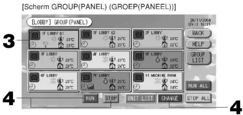 [Scherm GROUP(PANEL) (GROEP(PANEEL))] [LOBBY] GROUP (PANEL) 26/11/2004 (Fri.) 10:31 BACK HELP GROUP LIST RUN ALL RUN STOP UNIT LIST CHANGE STOP ALL 3 4 3 4 4 3 1F LOBBY G1 SET 23°C 23°C 1F LOBBY G2 SET 23°C 23°C 2F LOBBY SET 23°C 22°C 3F LOBBY SET 23°C 23°C 4F LOBBY SET 23°C 24°C 5F LOBBY SET 23°C 22°C 6F LOBBY SET 23°C 23°C 7F LOBBY SET 23°C 24°C J1 MACHINE ROOM SET 24°C 24°C RUN ALL 4