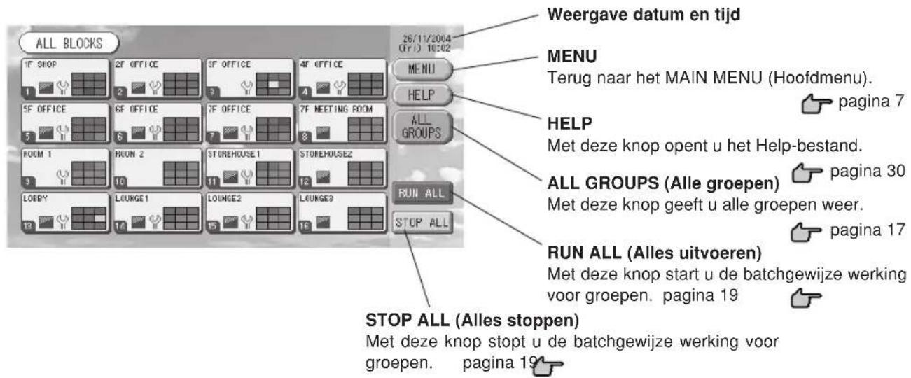 ALL BLOCKS 26/11/2004 (Fri) 10:02 Weergave datum en tijd MENU Terug naar het MAIN MENU (Hoofdmenu). HELP Met deze knop opent u het Help-bestand. ALL GROUPS (Alle groepen) Met deze knop geeft u alle groepen weer. RUN ALL (Alles uitvoeren) Met deze knop start u de batchgewijze werking voor groepen. pagina 19 STOP ALL (Alles stoppen) Met deze knop stopt u de batchgewijze werking voor groepen. pagina 19