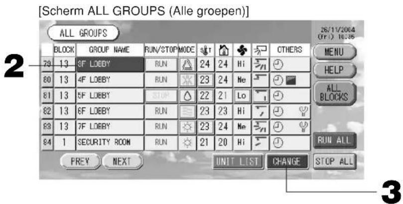 [Scherm ALL GROUPS (Alle groepen)] ALL GROUPS 26/11/2004 (fri.) 10:35 BLOCK GROUP NAME RUN/STOP MODE SHT ◆ ❄ ❄ OTHERS 79 13 8F LOBBY RUN 24 24 Hi 😊 80 13 4F LOBBY RUN 23 24 Me 😊 81 13 5F LOBBY STOP 22 21 Lo 🌐 82 13 6F LOBBY RUN 23 23 Hi 🌐 83 13 7F LOBBY RUN 23 24 Me 😊 84 1 SECURITY ROOM RUN 21 20 Hi 😊 PREY NEXT UNT LIST CHANGE STOP ALL MENU HELP ALL BLOCKS RUN ALL 3