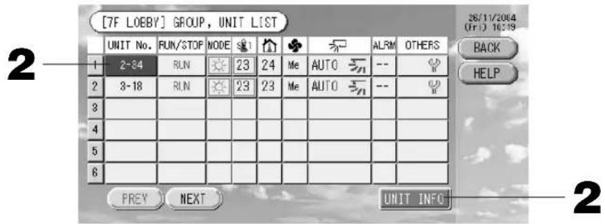 [7F LOBBY] GROUP, UNIT LIST UNIT No. RUN/STOP NODE S1 ALRM OTHERS 1 2-34 RUN 23 24 Me AUTO -- ? 2 3-18 RUN 23 23 Me AUTO -- ? 3 4 5 6 PREY NEXT UNIT INFO 26/11/2004 (Fri) 10:19 BACK HELP 2