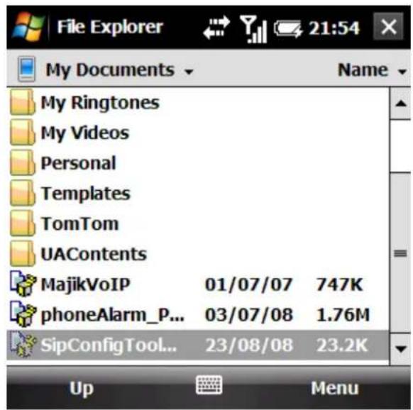 File Explorer 21:54 My Documents Name My Ringtones My Videos Personal Templates TomTom UAContents MajikVoIP 01/07/07 747K phoneAlarm_P... 03/07/08 1.76M SipConfigTool... 23/08/08 23.2K Up Menu