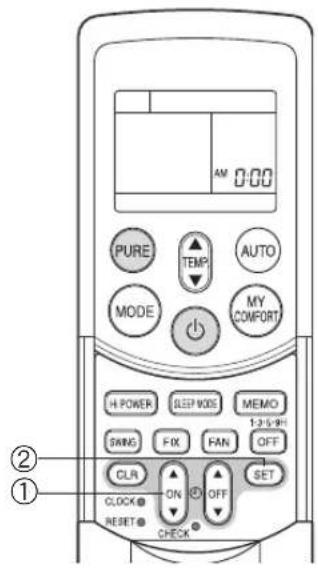 AM 0:00 PURE TEMP AUTO MODE MY COMFORT H POWER EEP W/O MEMO 1-3-5-9H SHING FIX FAN OFF CLR ON OFF SET CLOCK RESET CHECK ② ①