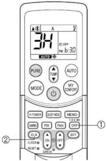 34 OFF PM 6:30 AUTO PURE TEMP. AUTO MODE MY COMFORT HI POWER SLEEP MODE MEMO 1-3-5-9H DINING FIX FAN OFF C.R ON OFF SET CLOCK RESET CHECK