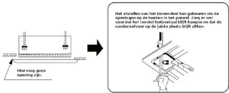 Hier mag geen opening zijn. Het afstellen van het binnendeel kan gebeuren via de openingen op de hoeken in het paneel. Zorg er wel voor dat het toestel horizontaal blijft hangen en dat de condensefvoer op de juiste plaats blijft zitten.