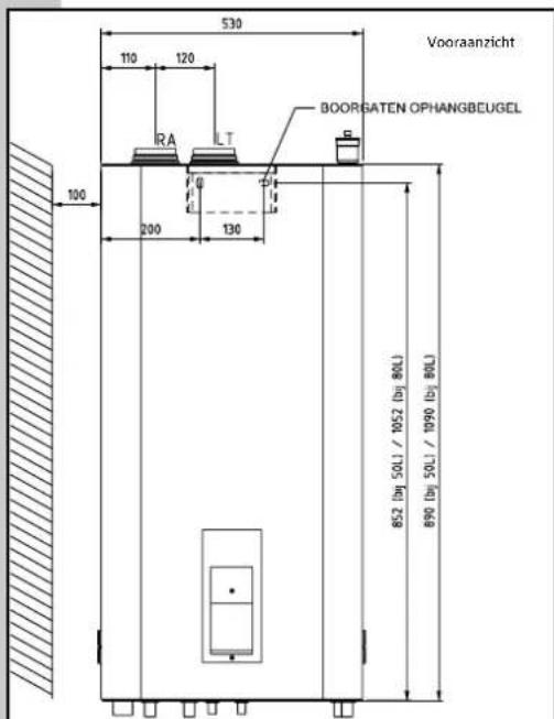 530 110 120 RA LT 100 200 130 Vooraanzicht BOORGATEN OPHANGBEUGEL 852 (bj) 50L / 1052 (bj) 80L 890 (bj) 50L / 1090 (bj) 80L