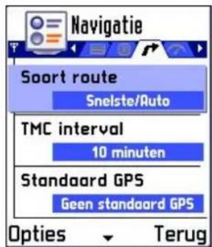 Navigatie Soort route Snelste/Auto TMC interval 10 minuten Standaard GPS Geen standard GPS Options Terug