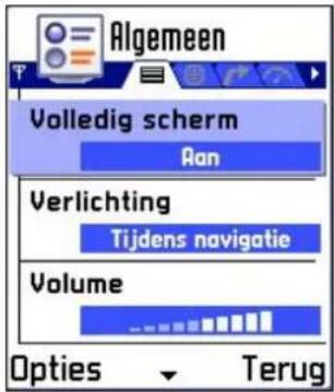 Algemeen Volledig scherm Ran Verlichting Tijdens navigatie Volume Options Terug