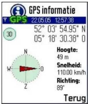 GPS informatie T GPS 22.05.05 12:57:38 52° 03' 54.95" N 05° 18' 30.38" 0 30 Hoogte: 49 m Snelheid: 110.00 km/h Richting: 89° Terug