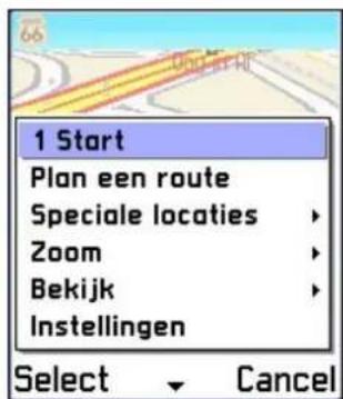 1 Start Plan een route Speciale locaties Zoom Bekijk Instellingen Select Cancel